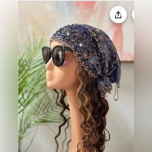 Handmade Elegant Navy Floral Embellished Headscarf